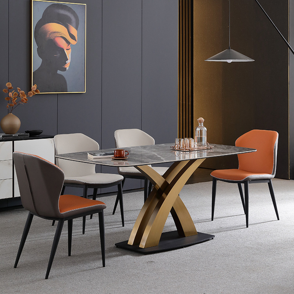 Easy installation elegant nordic furniture gold stainless steel support marble dining table set 6 chairs
