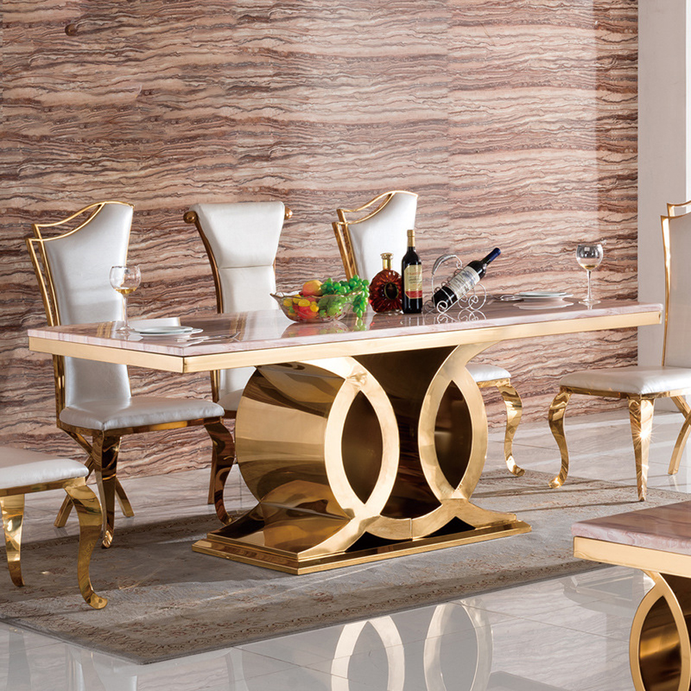 Hot selling new design stable stainless steel foundation luxury rectangle marble top dining table